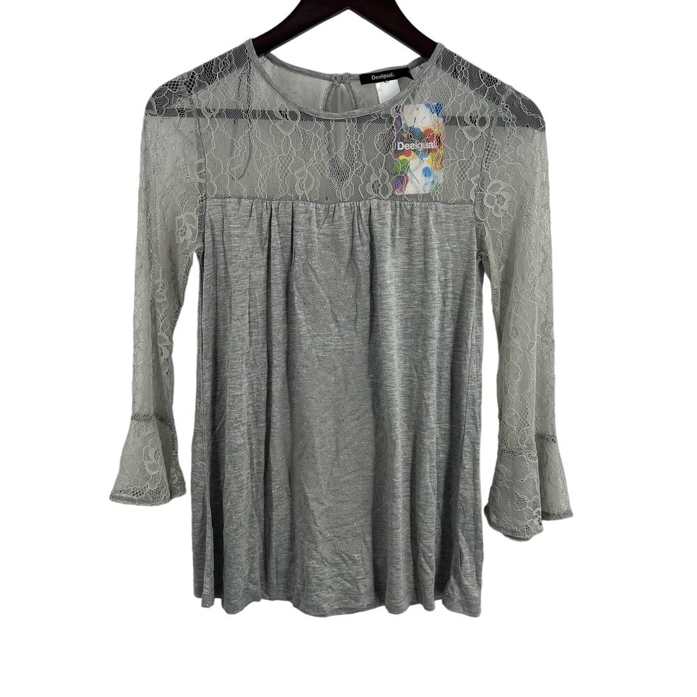 Desigual Top XS Grey Lace Knit Embossed Detail